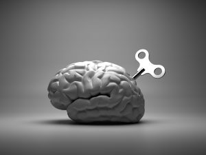 3D illustration of a brain with a clock key.