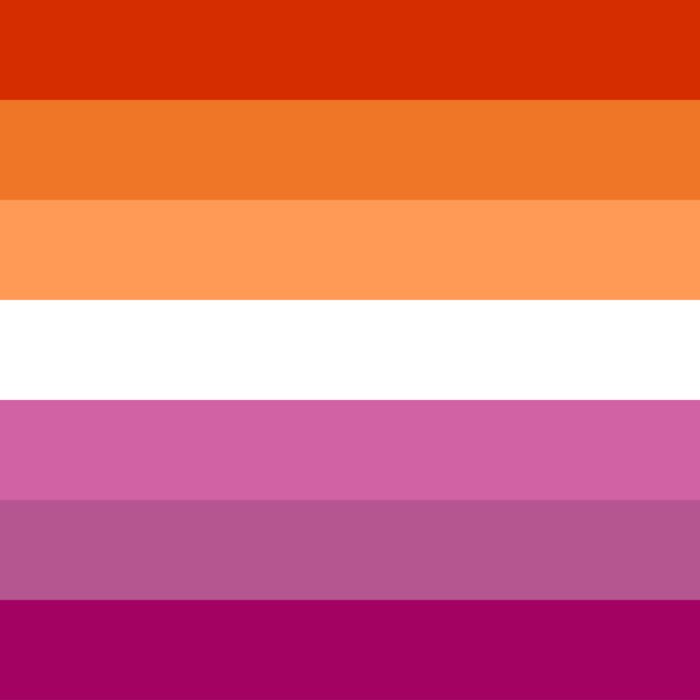 Lesbian flag with colours that include dark orange for "gender non-conformity", orange for "independence", light orange for "community", white for "unique relationships to womanhood", pink for "serenity and peace", dusty pink for "love and sex", and dark rose for "femininity"
