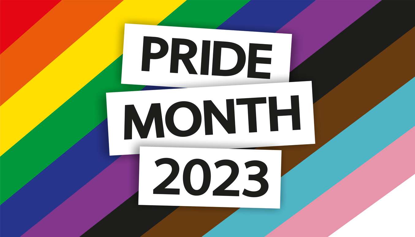LGBT Pride Month 2023 with the colours of the Progress Pride Flag in the background