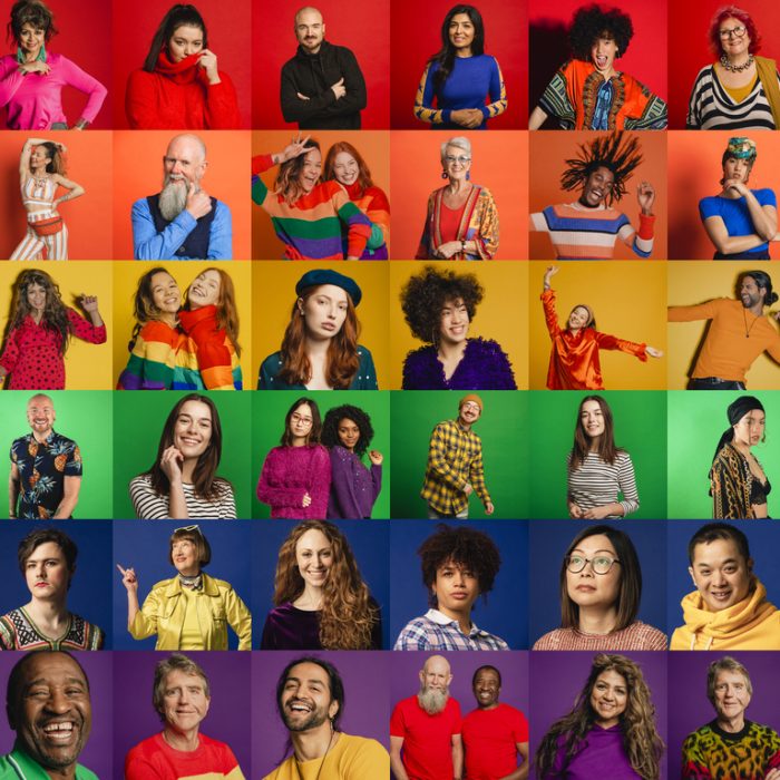 A montage of a large group of individual portraits together to form a pride flag that represents a multi-ethnic, mixed age range group.